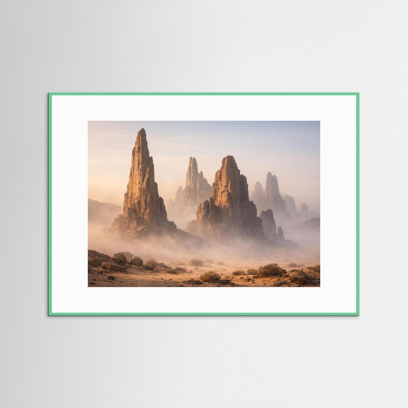 Poster mit Wüstenfelsen im Nebel, grüner Holzrahmen mit weißem Passepartout