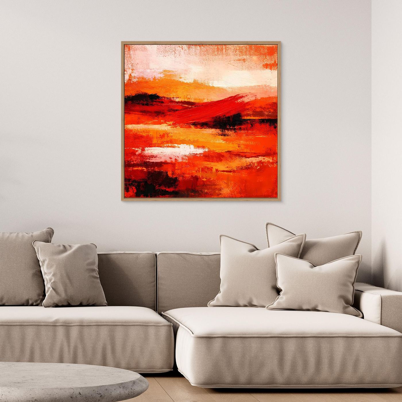 Gerahmtes abstraktes Leinwand-Wandbild in Rot-Orange mit schwarzen Pinselakzenten