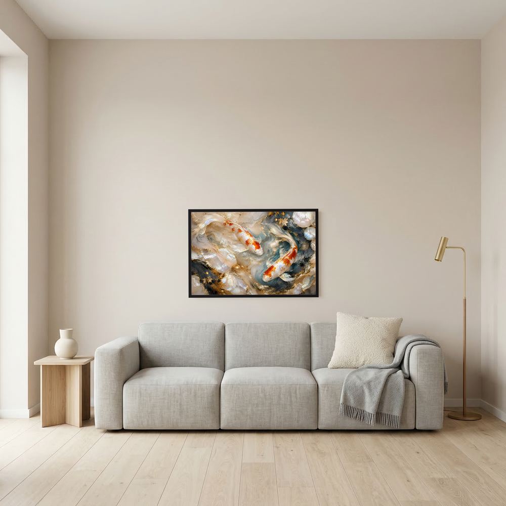 Kleines Poster mit Koi-Fischen in Perlmutt- und Goldtönen, schwarzer Rahmen
