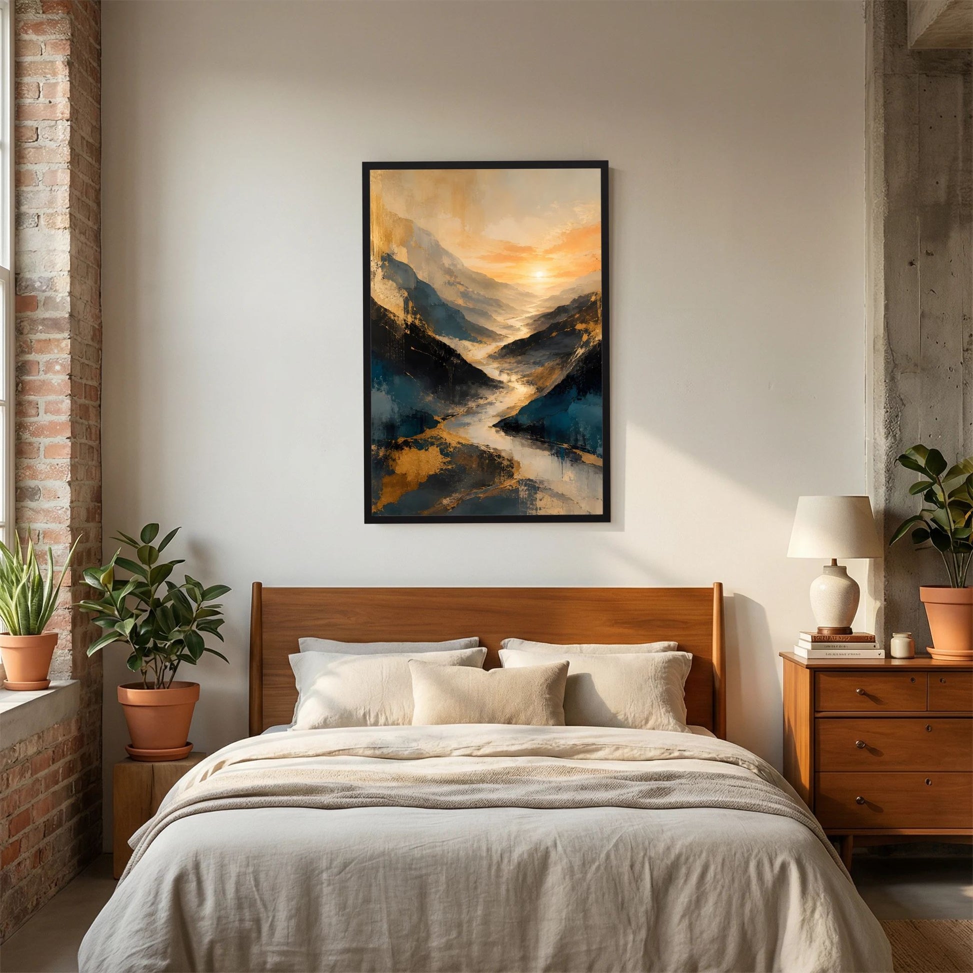 Kunstposter im Hochformat mit abstraktem Bergtal und Fluss in Blau und Gold, schwarzer Rahmen