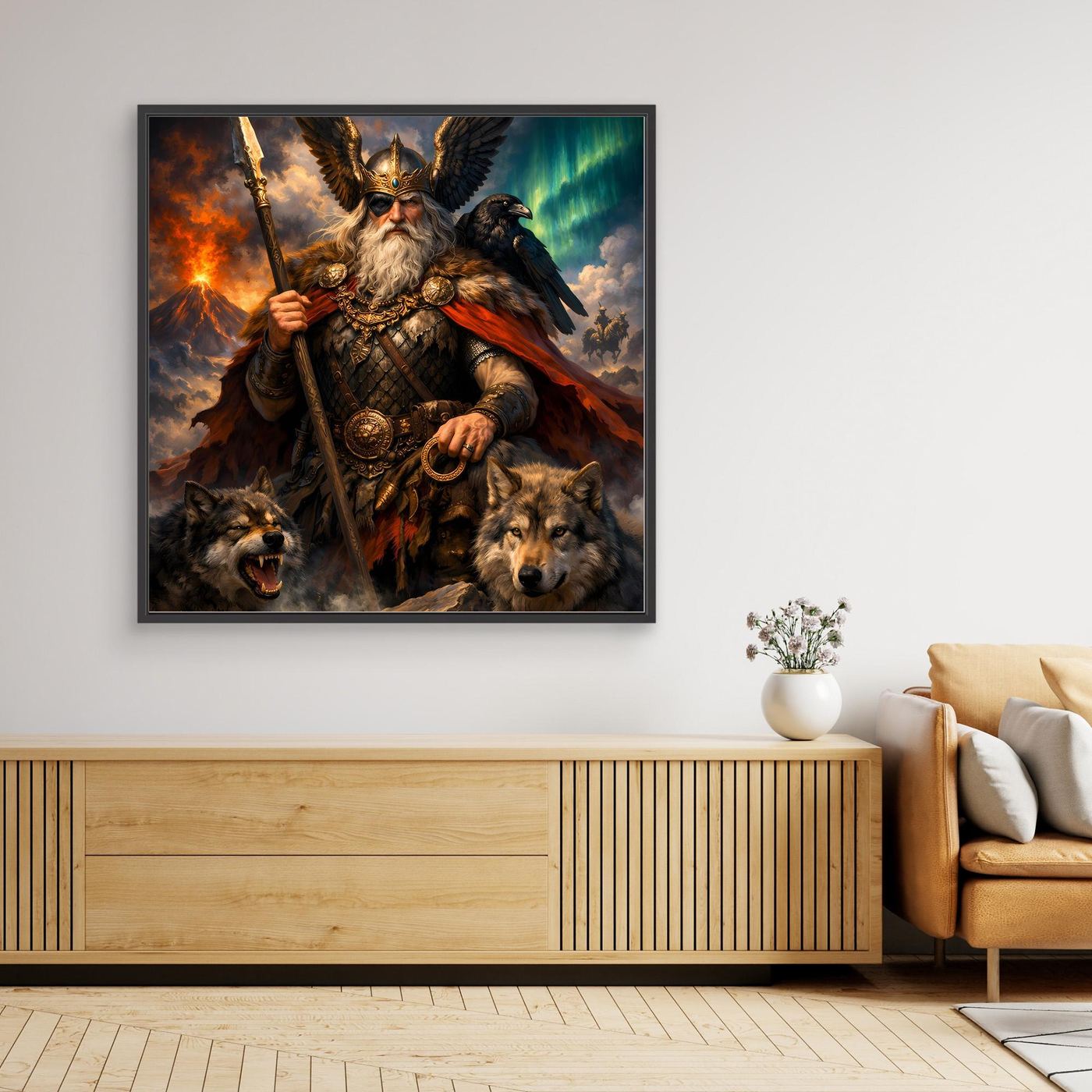 Leinwand Göttervater Odin mit Wölfen und Rabe | Mythologisches Wikinger Wandbild