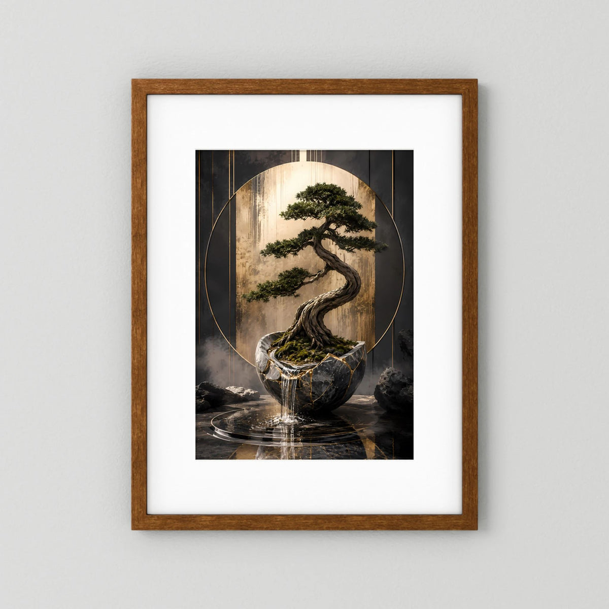 Hochformat-Poster Bonsai im dunklen Topf, schwarz-goldene Linien, brauner Holzrahmen