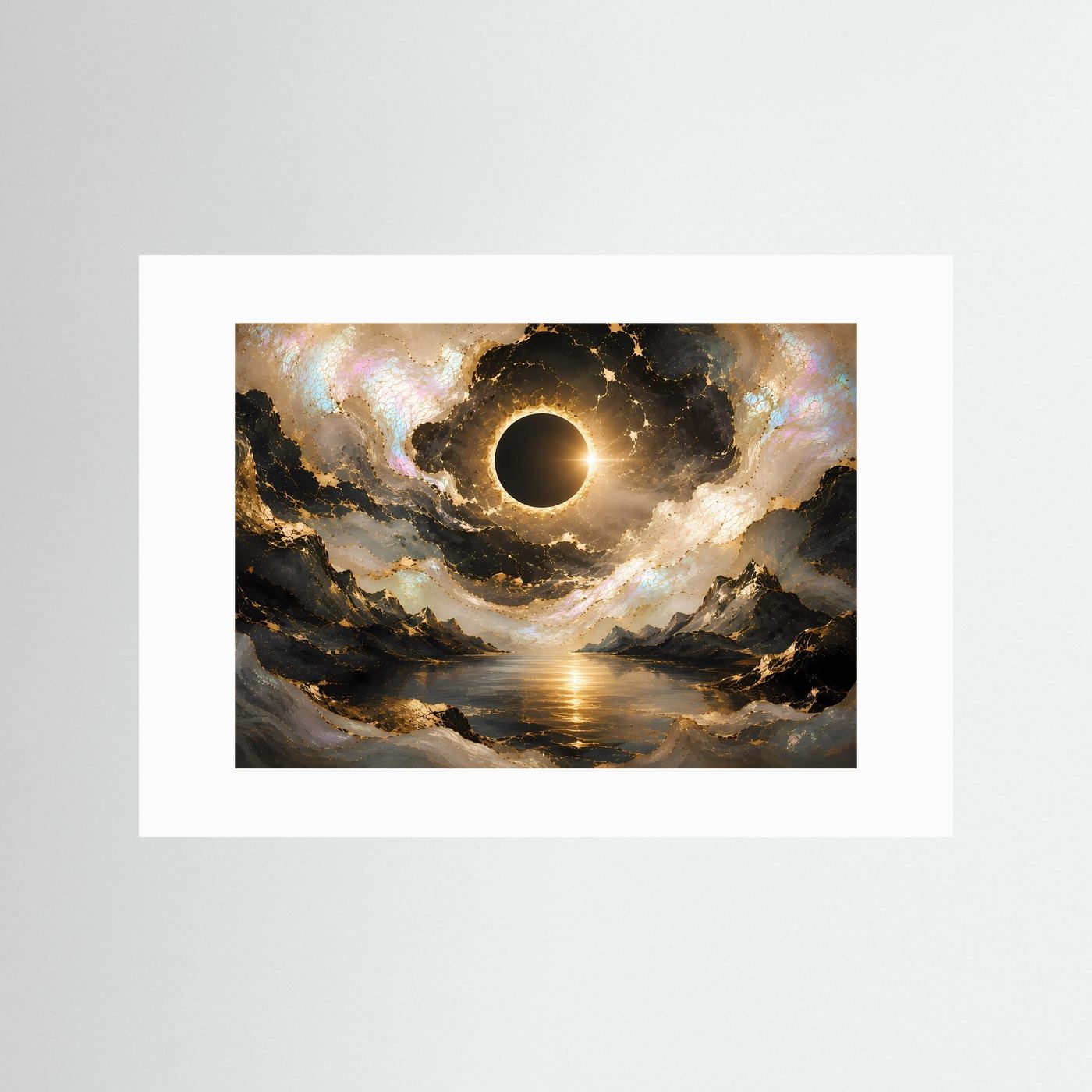 Querformat-Poster mit Sonnenfinsternis über Berglandschaft, im weißen Passepartout