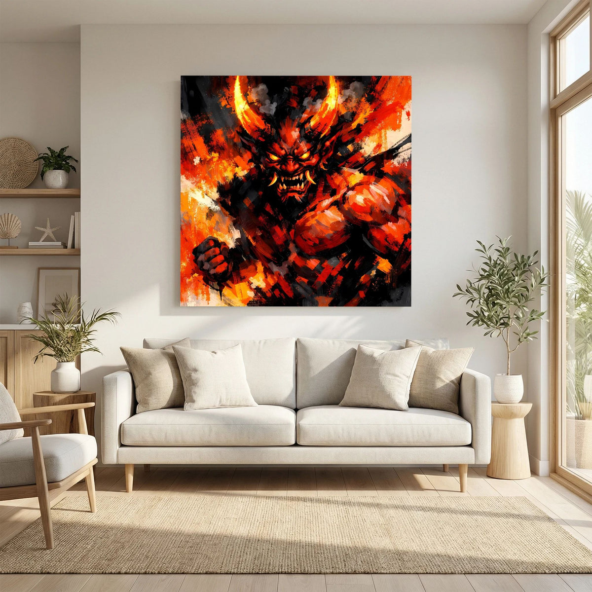 Leinwand-Wandbild: expressionistischer Oni-Dämon mit Feuerkrone, orangefarbene Glut und schwarze Schatten