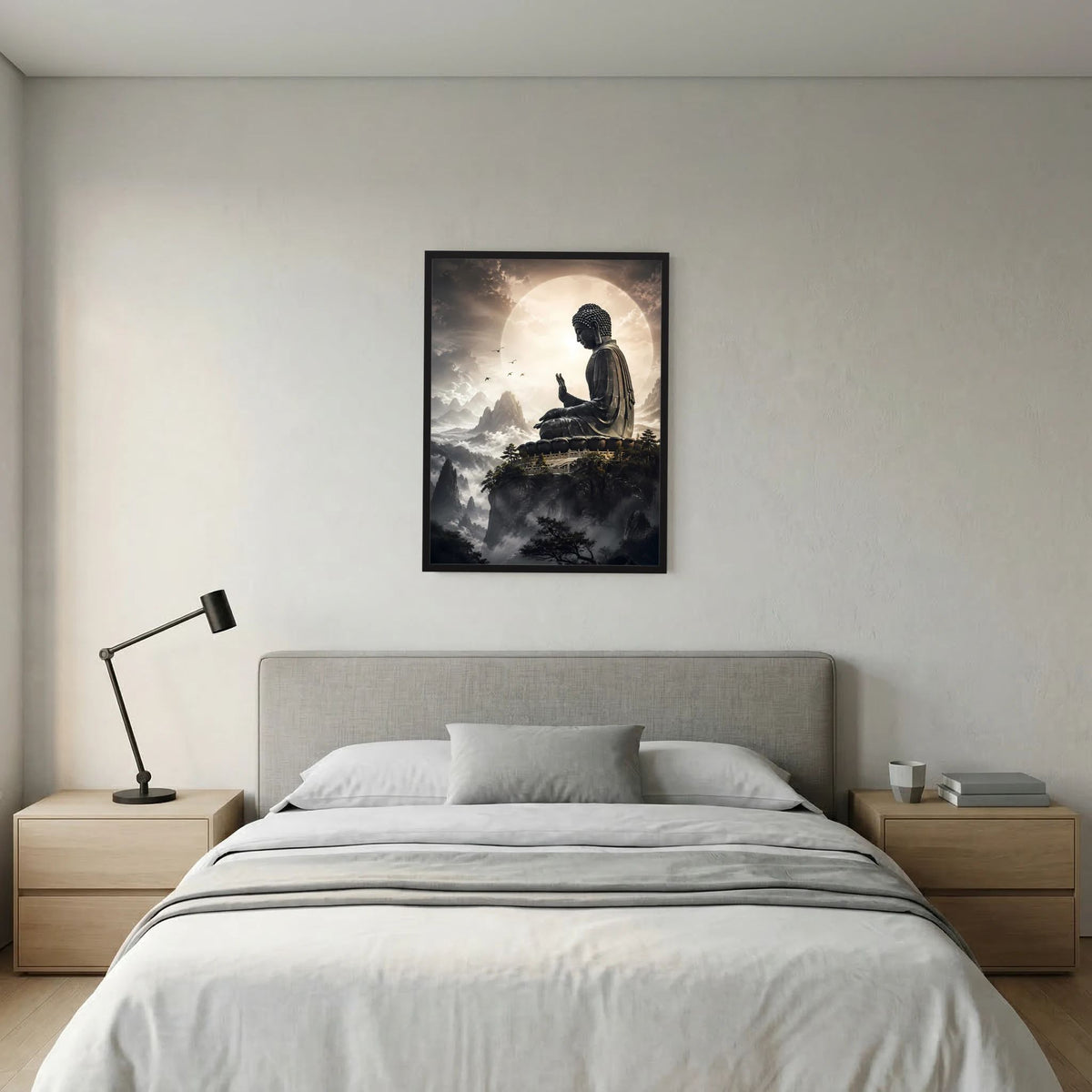 Poster mit sitzendem Buddha über Wolken, schwarz gerahmt, Hochformat