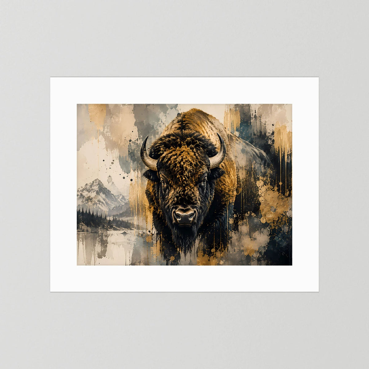 Abstraktes Bison-Poster in Schwarz-Gold mit weißem Passepartout