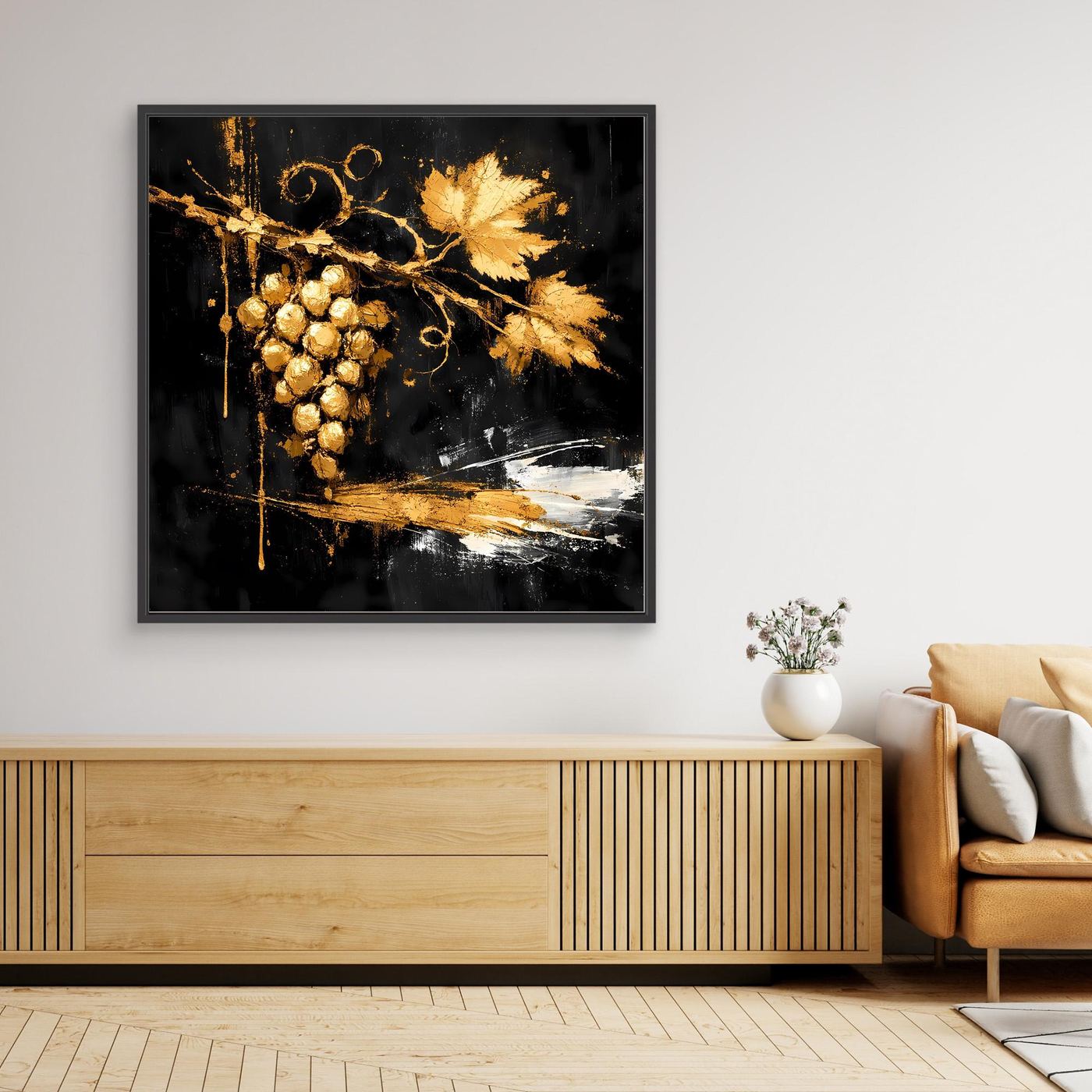 Leinwand Goldene Weintrauben auf Schwarz | Modernes Luxus Wandbild Küche & Wohnzimmer