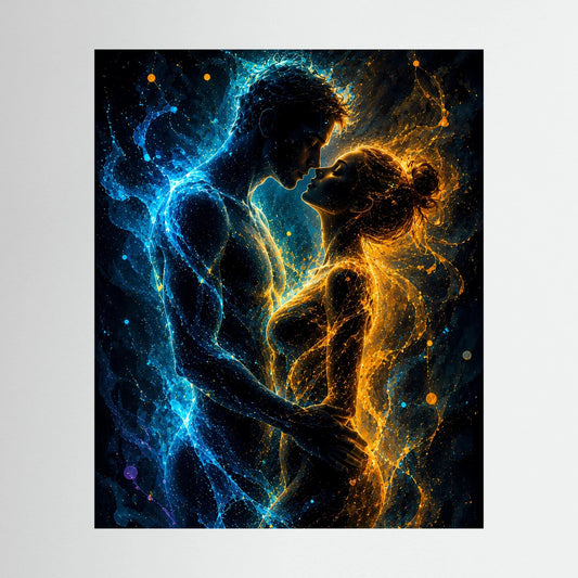 Hochkant-Poster mit abstraktem Paar in Blau, Gold und dunklem Hintergrund.