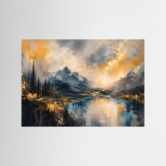 Abstraktes Berglandschafts-Poster mit blau-goldener Farbgebung und spiegelndem Fluss