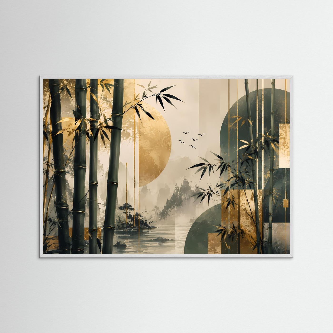 Poster im Querformat mit abstrakter Bambuslandschaft, in weißem Rahmen