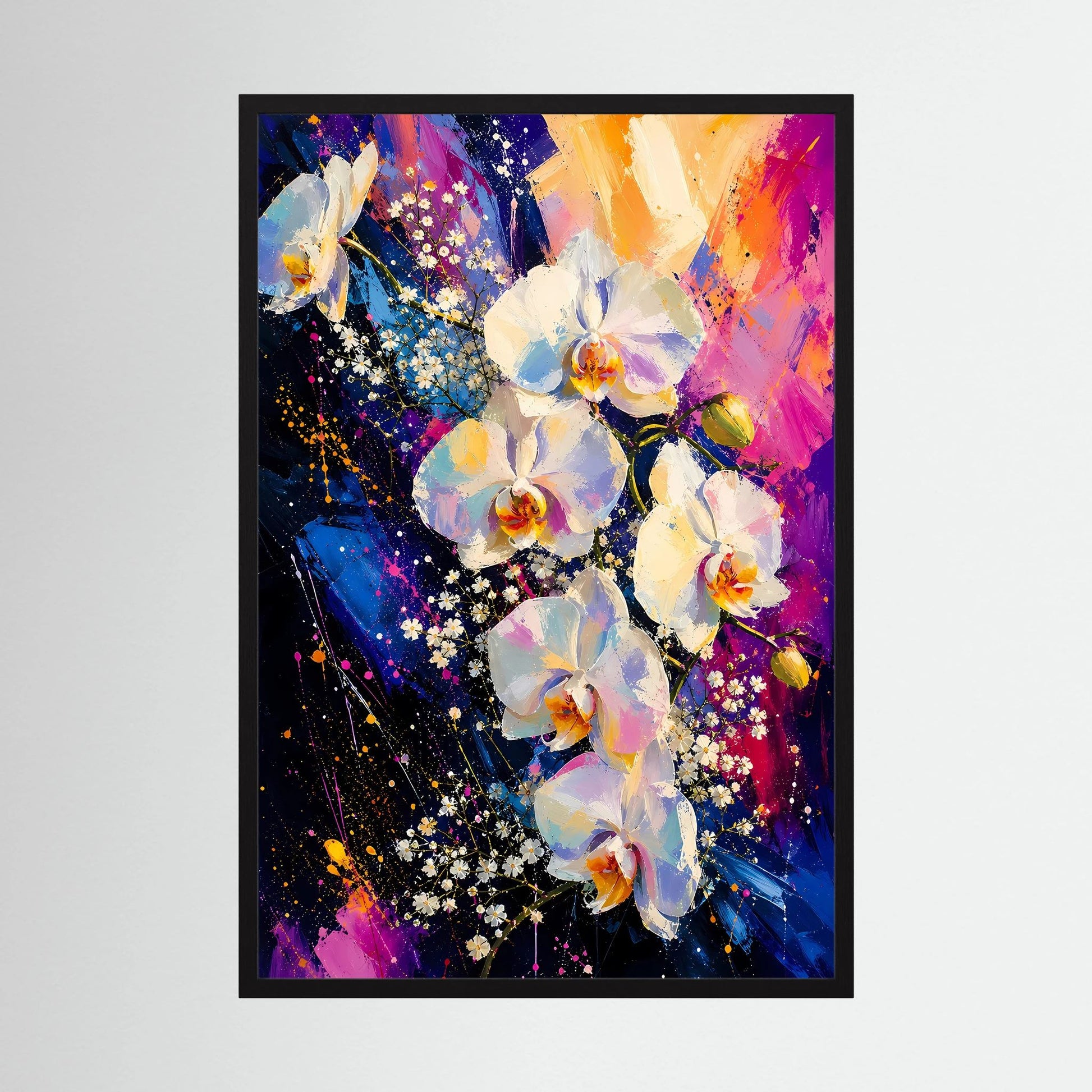 Poster mit abstrakten weißen Orchideen in Pink, Blau und Gold, schwarzer Rahmen