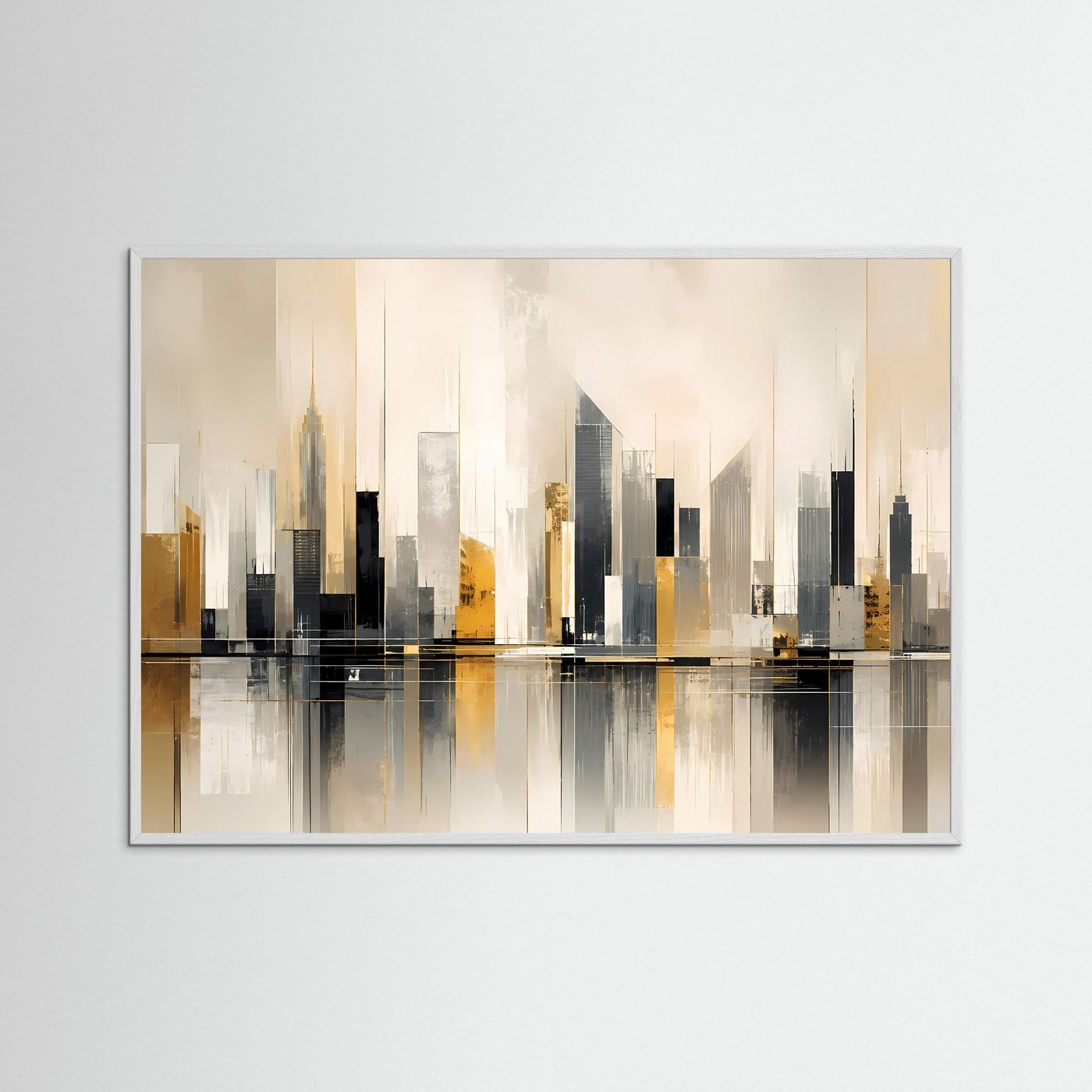 Querformat-Poster Skyline abstrakt in Beige, Schwarz und Gold, mit hellem Holzrahmen