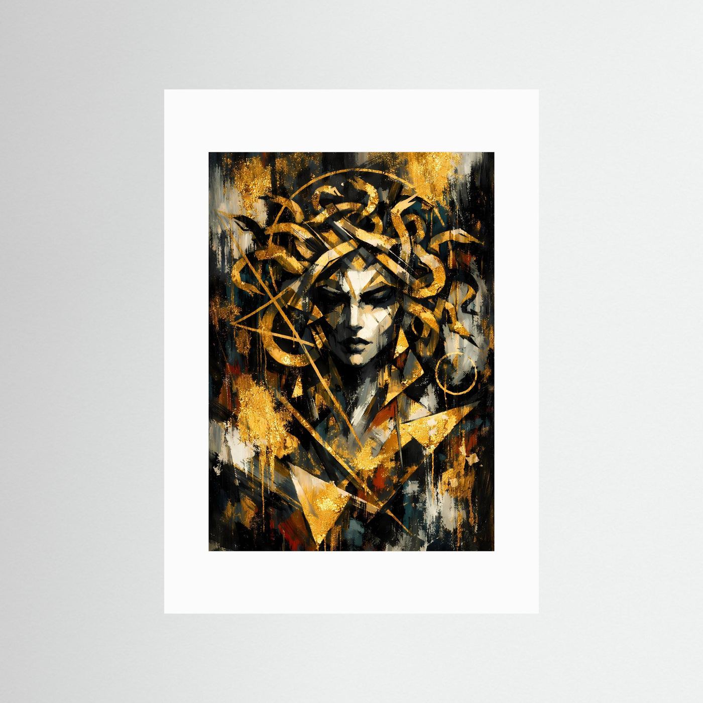 Mythologie-Poster mit Medusa-Porträt in Gold-, Schwarz- und Weißtönen, mit weißem Passepartout