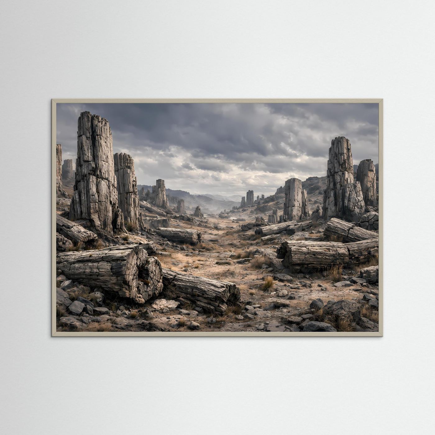 Querformatiges Landschafts-Poster mit beigem Rahmen und felsiger Wüstenlandschaft