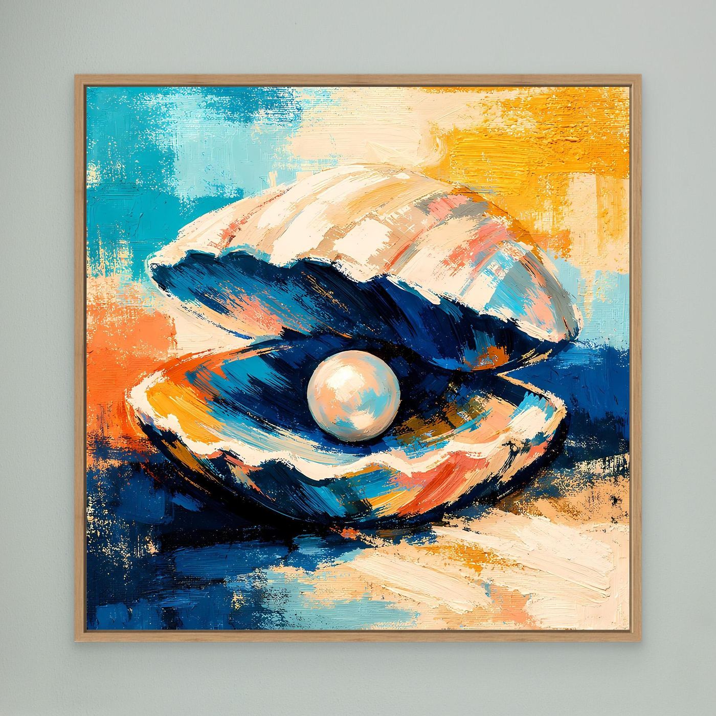 Framed abstract canvas wall art of a seashell with pearl, blue and orange paint strokes.