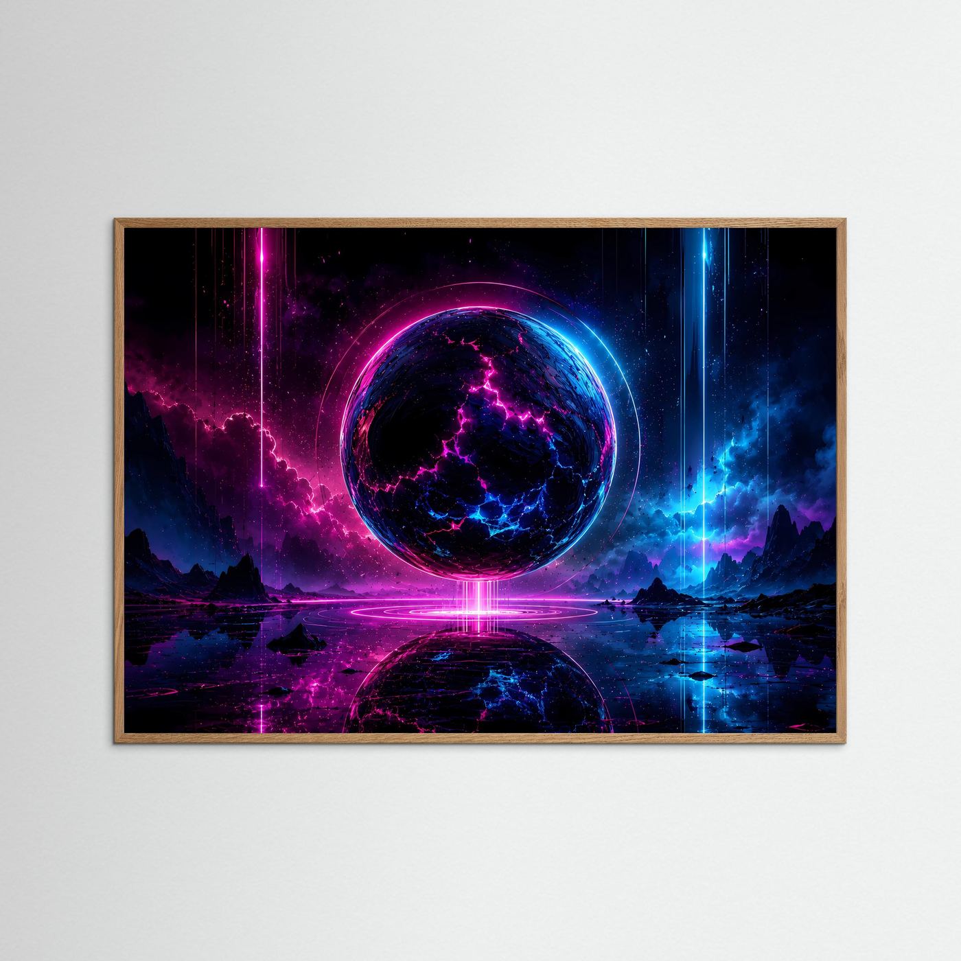 Neon Sphäre Poster Querformat | Futuristische Kosmische Wandkunst in Pink & Blau | Sci-Fi Wandbild Modern
