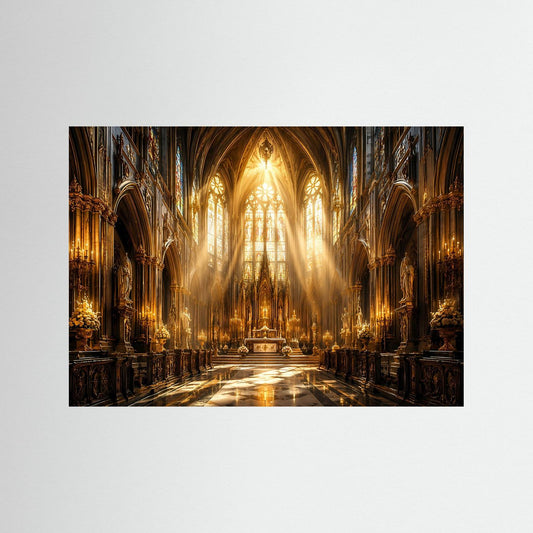 Kirchenposter mit Blick in ein gotisches Kathedralenschiff bei goldenem Licht