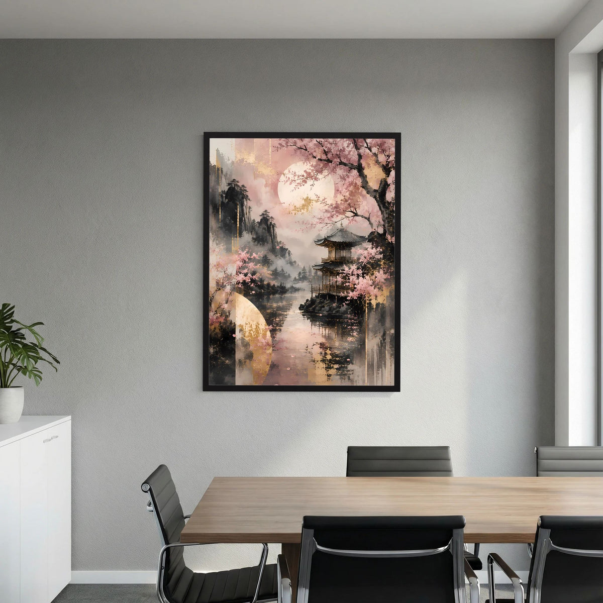 Hochformatiges Poster mit Kirschblüten und Tempel am See in Rosa- und Goldtönen