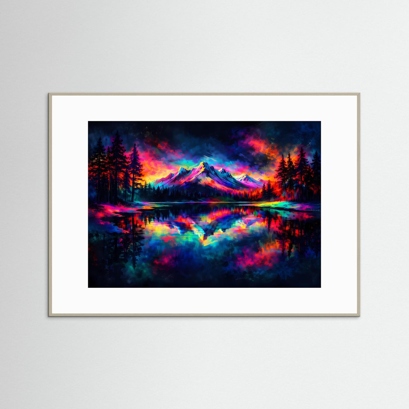 Pop-Art-Naturposter mit Gebirgslandschaft am See, farbiges Bergmotiv, grauer Holzrahmen