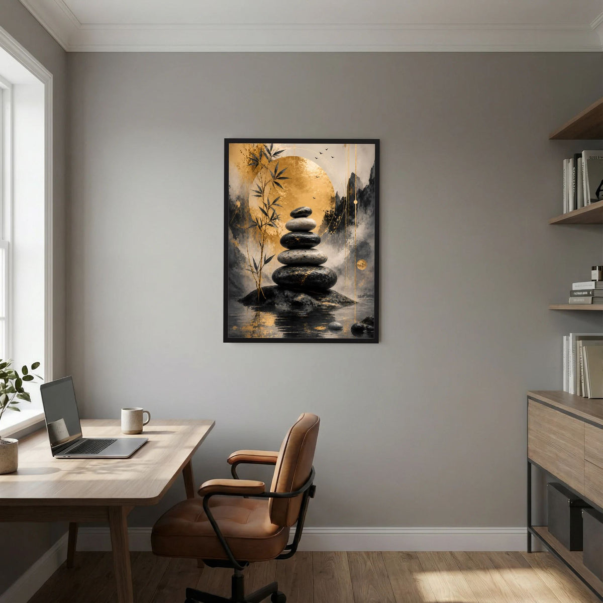 Zen-Poster mit schwarzem Rahmen: schwarze Steinbalance vor gold-beigem Vollmondmotiv.