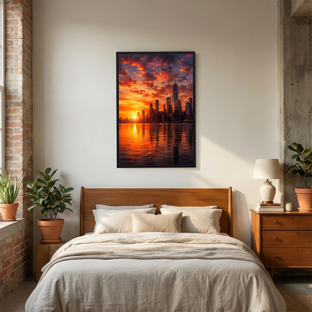 Gerahmtes Stadtposter mit Skyline bei Sonnenuntergang und Spiegelung im Wasser