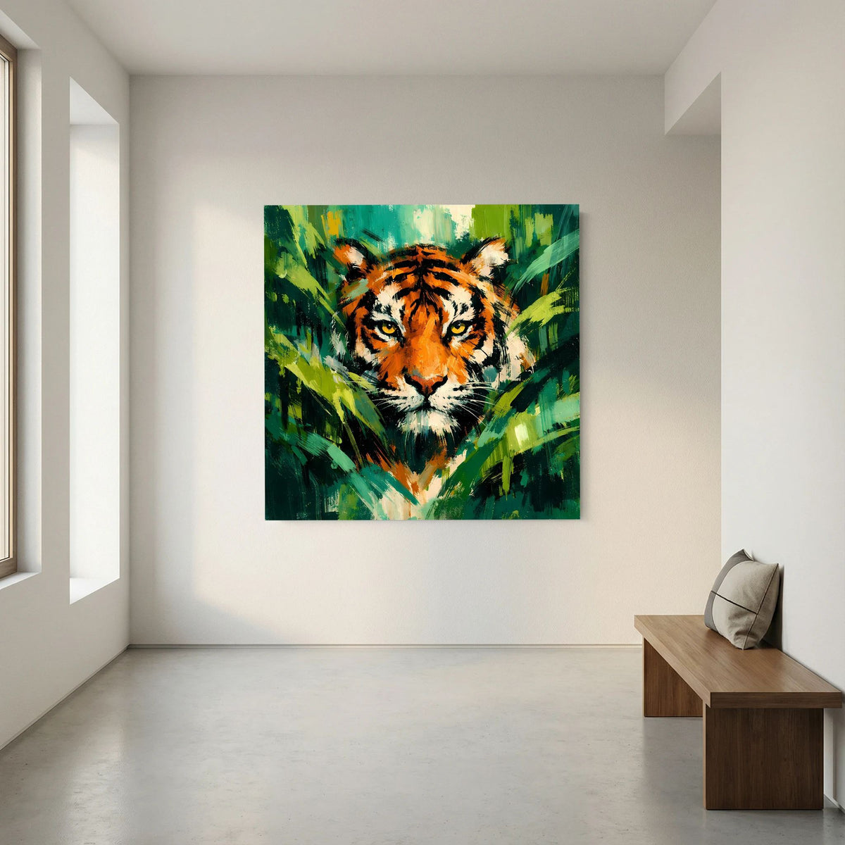 Leinwand Abstraktes Tiger Gemälde | Modernes Wandbild Raubkatze Dschungel Grün Orange
