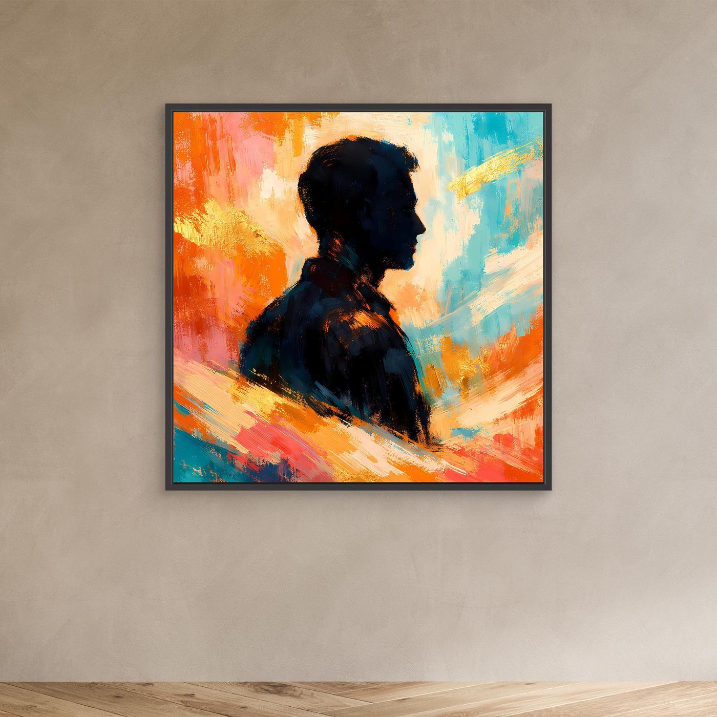 Leinwandbild mit schwarzem Rahmen und abstrakter Silhouette eines Mannes im Profil, warm farbig