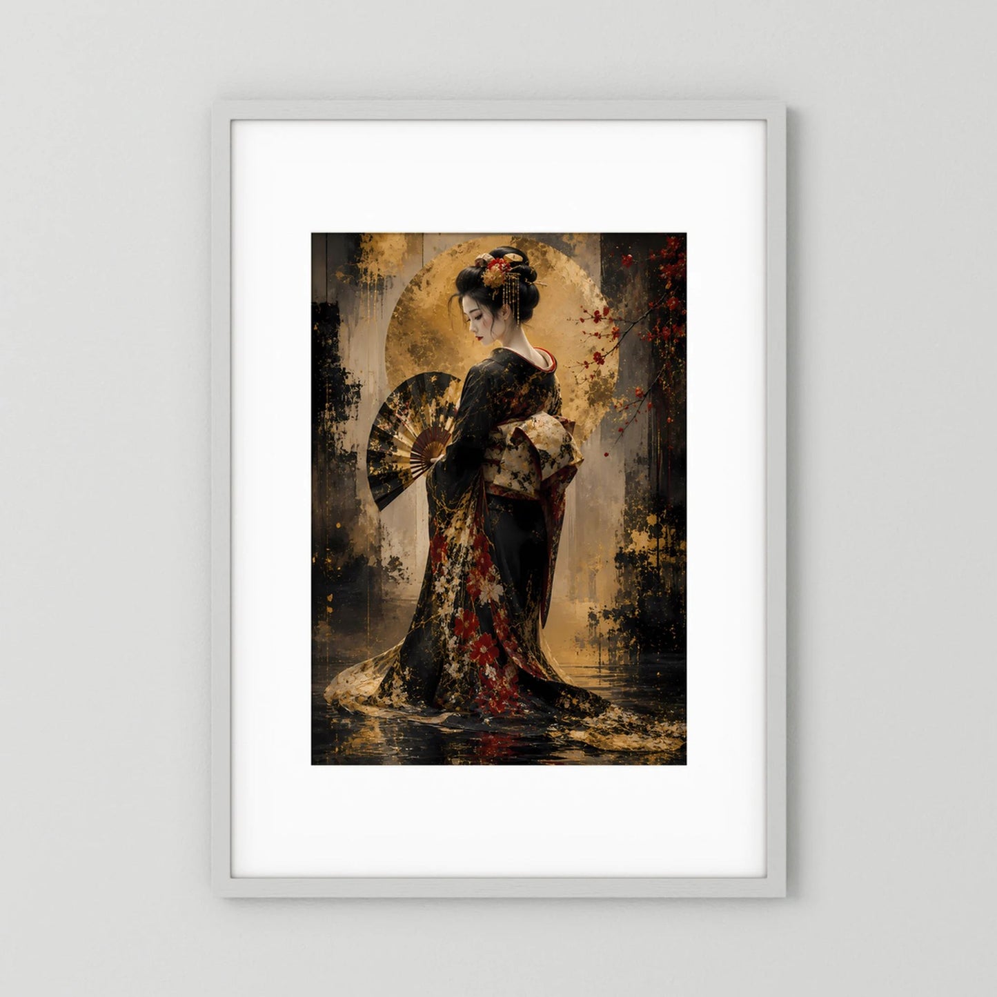 Hochformat-Poster mit Geisha im Kimono, schwarz-gold, mit goldenem Kreis und Fächer