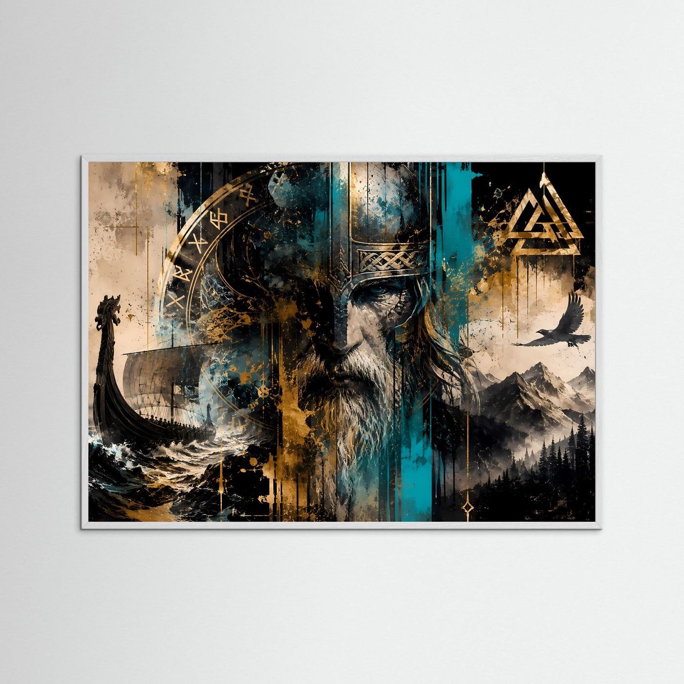 Wikinger Krieger mit Runen & Drachenschiff | Nordische Mythologie Poster Panorama Querformat in Gold, Türkis & Schwarz