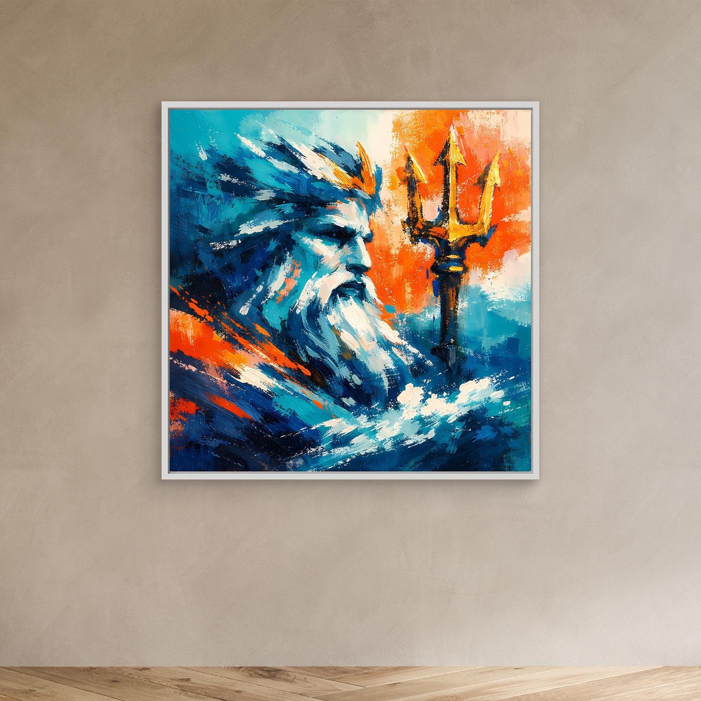 Abstract wall canvas with white frame, blue bearded figure on orange background