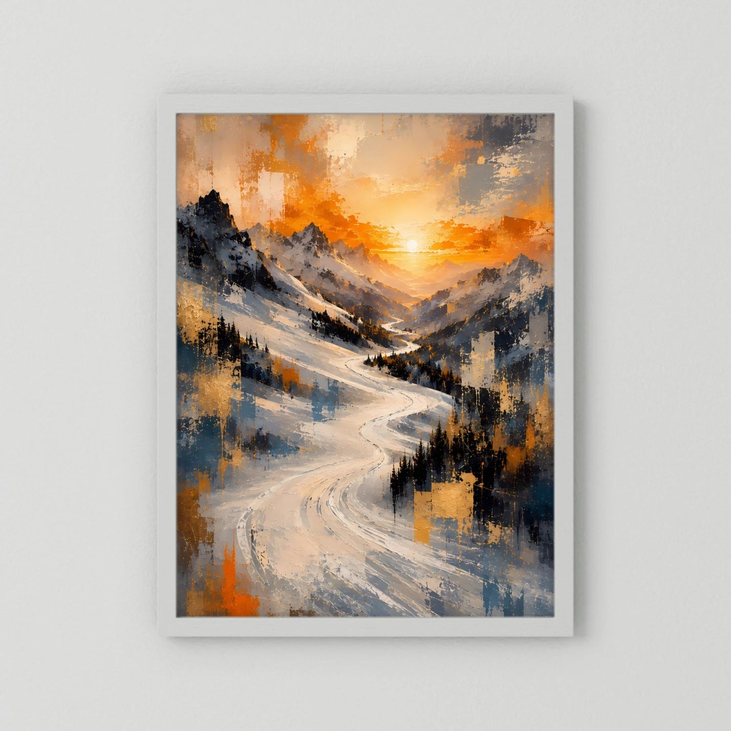 Hochformat-Poster im hellen Rahmen ohne sichtbaren Passepartout-Bereich, verschneite Bergwelt