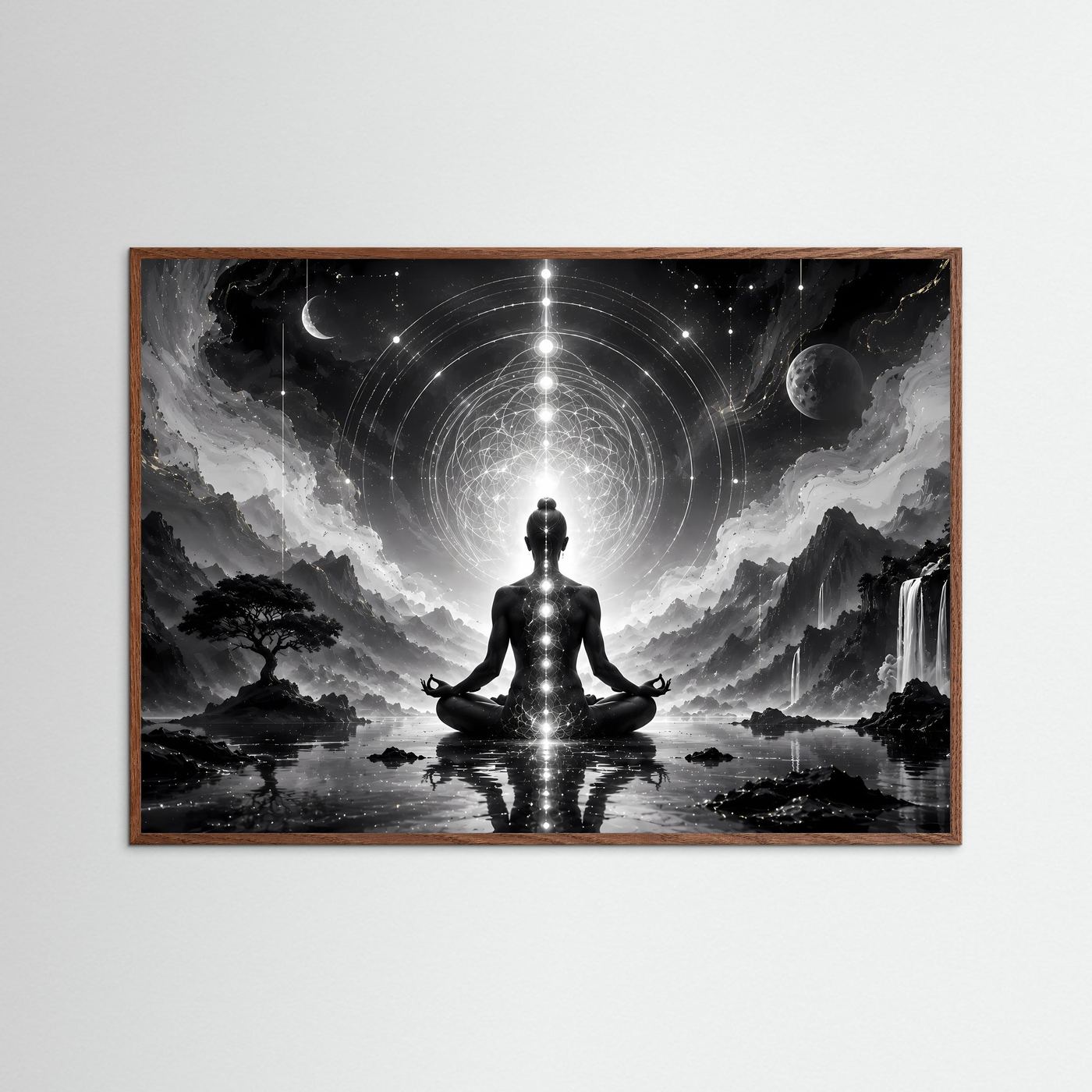 Meditation Schwarz Weiß | Spirituelles Wandbild mit Chakren & Heiliger Geometrie