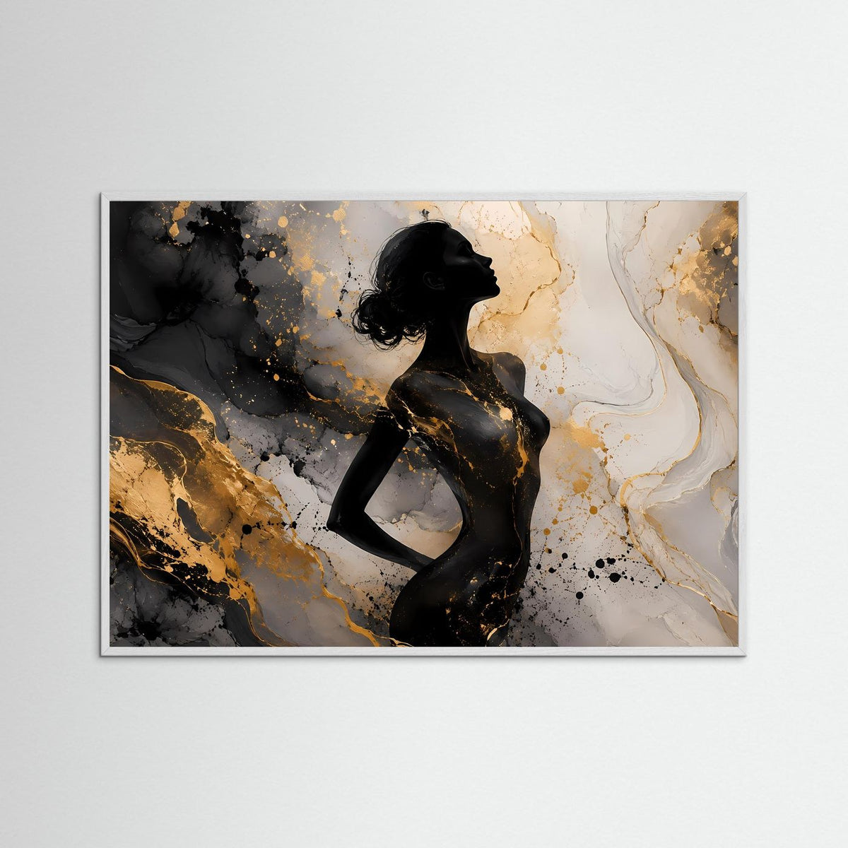 Abstraktes Frauen-Silhouetten-Wandbild im hellen Holzrahmen: schwarze Figur, gold-grauer Marmor