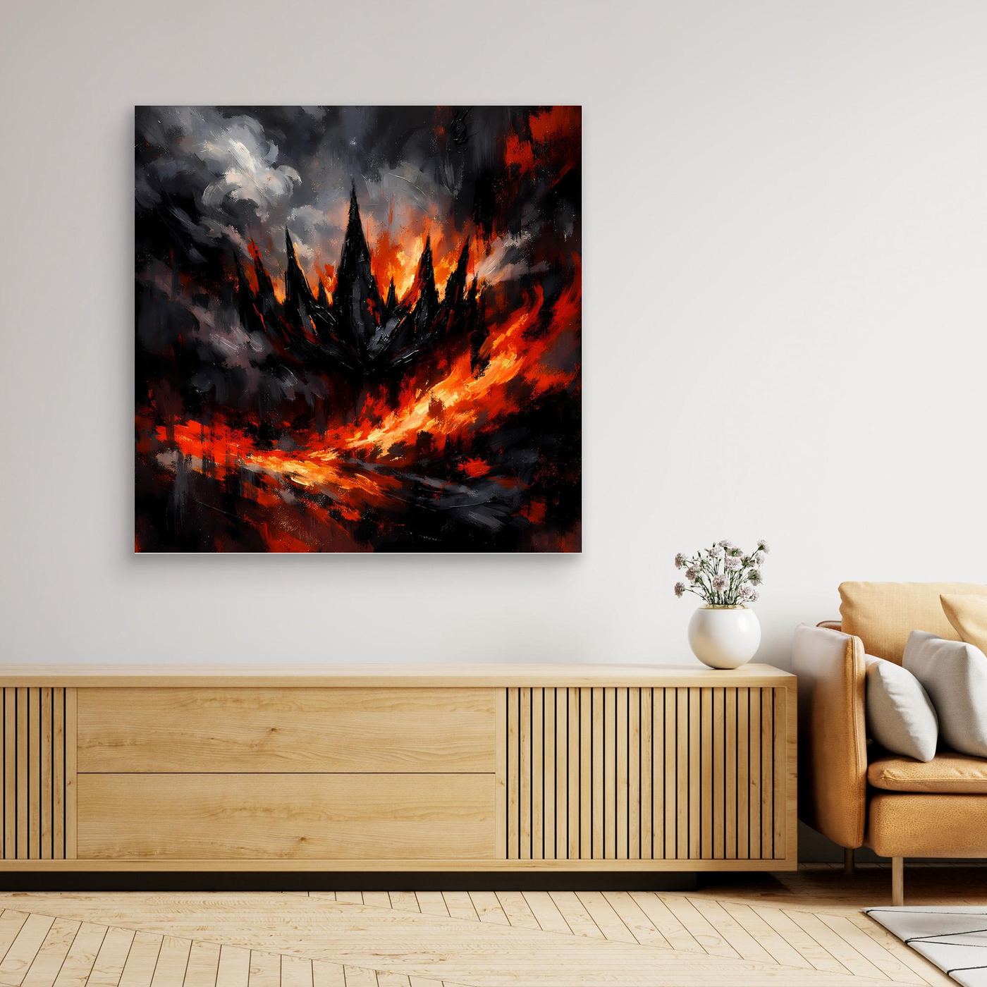 Abstraktes Leinwand-Wandbild mit Flammen und dunklem Rauch