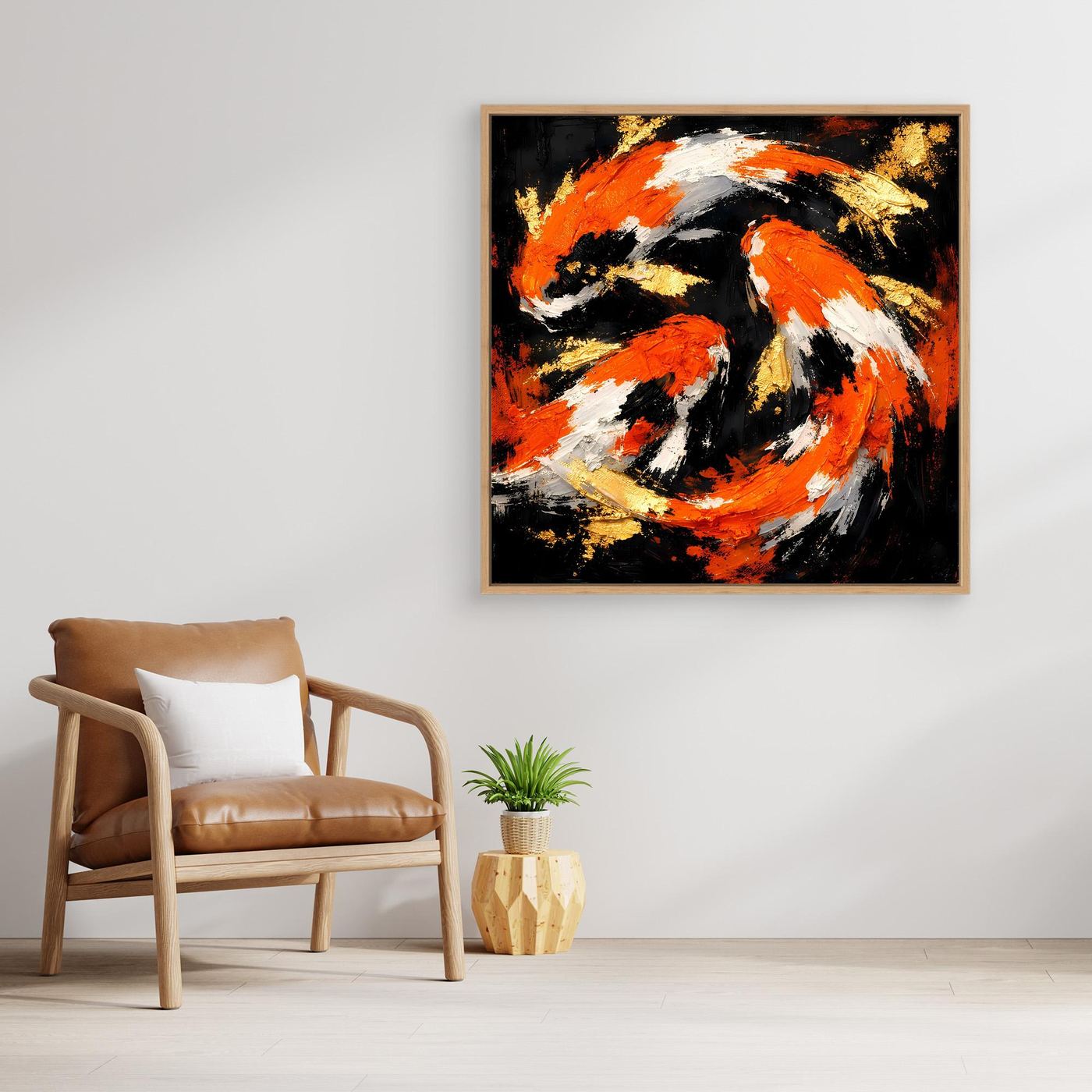 Leinwand Dynamische Koi-Karpfen | Abstraktes Yin Yang Wandbild Gold Orange