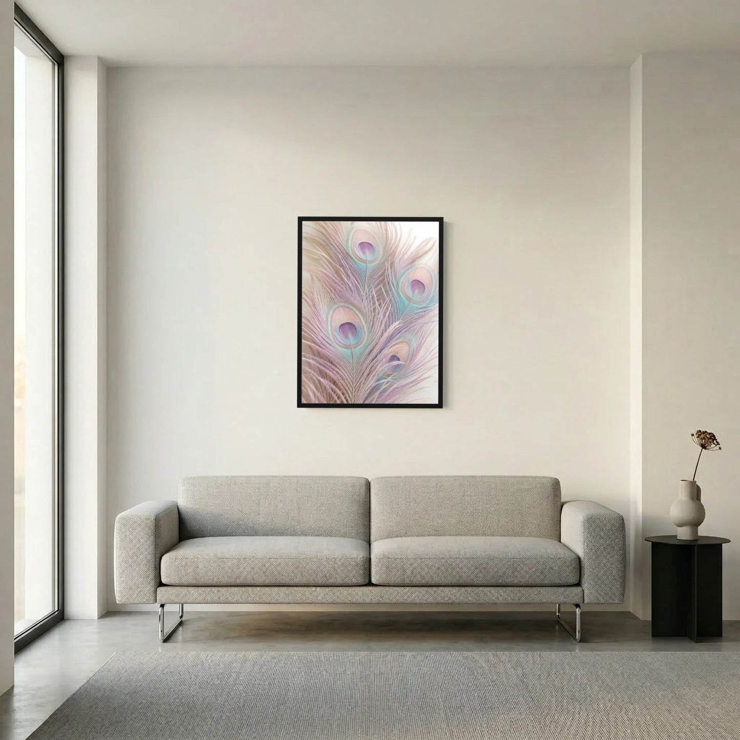 Hochformat-Poster mit Pfauenfeder-Muster in Pastellfarben, schwarz gerahmt