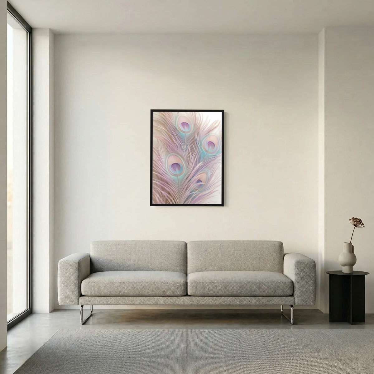 Hochformat-Poster mit Pfauenfeder-Muster in Pastellfarben, schwarz gerahmt