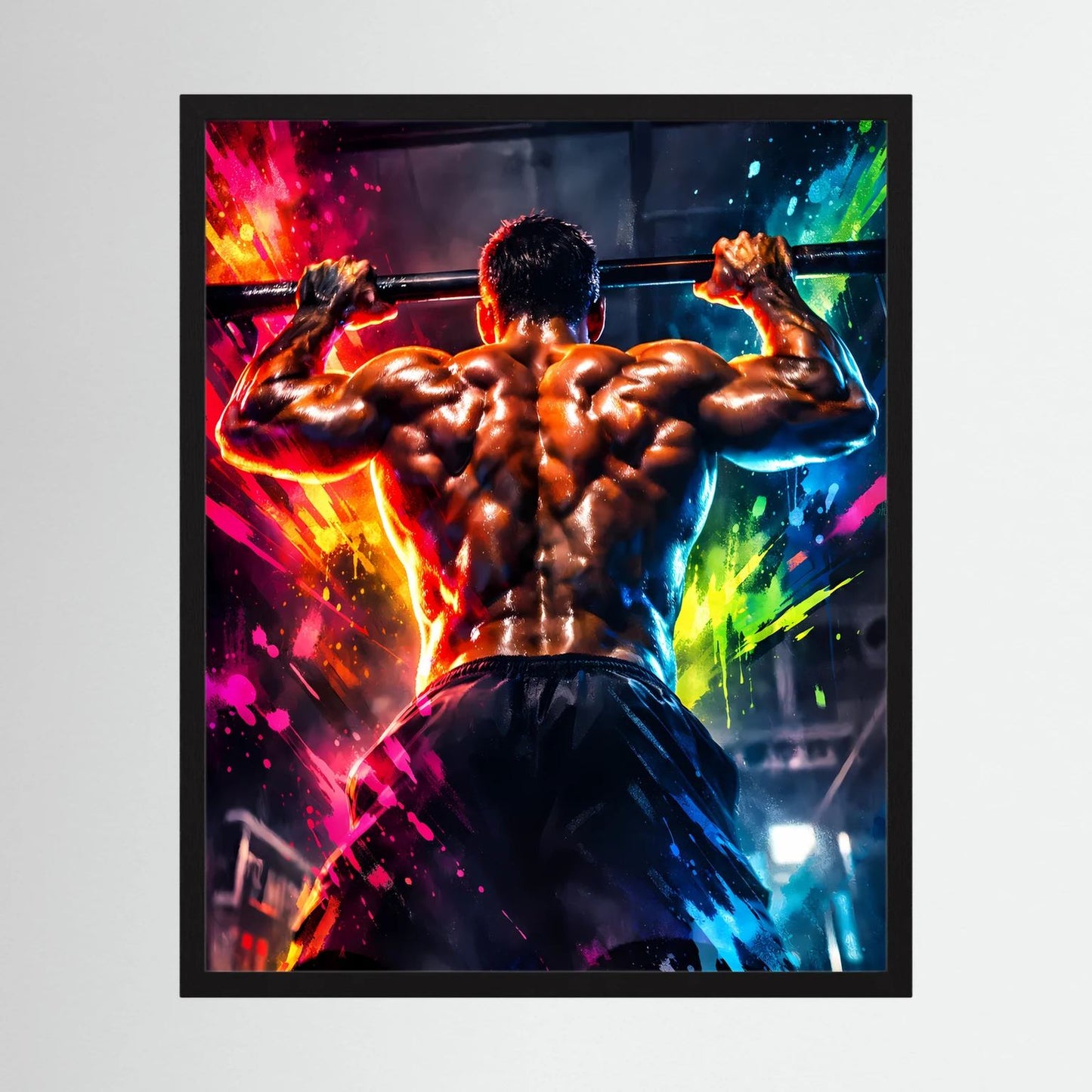 Fitness-Wandbild mit Bodybuilder beim Klimmzug, Neon-Sprayeffekt, schwarzer Rahmen