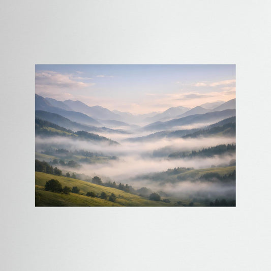 Alpen-Landschafts-Wandbild: Nebeltal mit Bergen, Wiesen und Morgenlicht