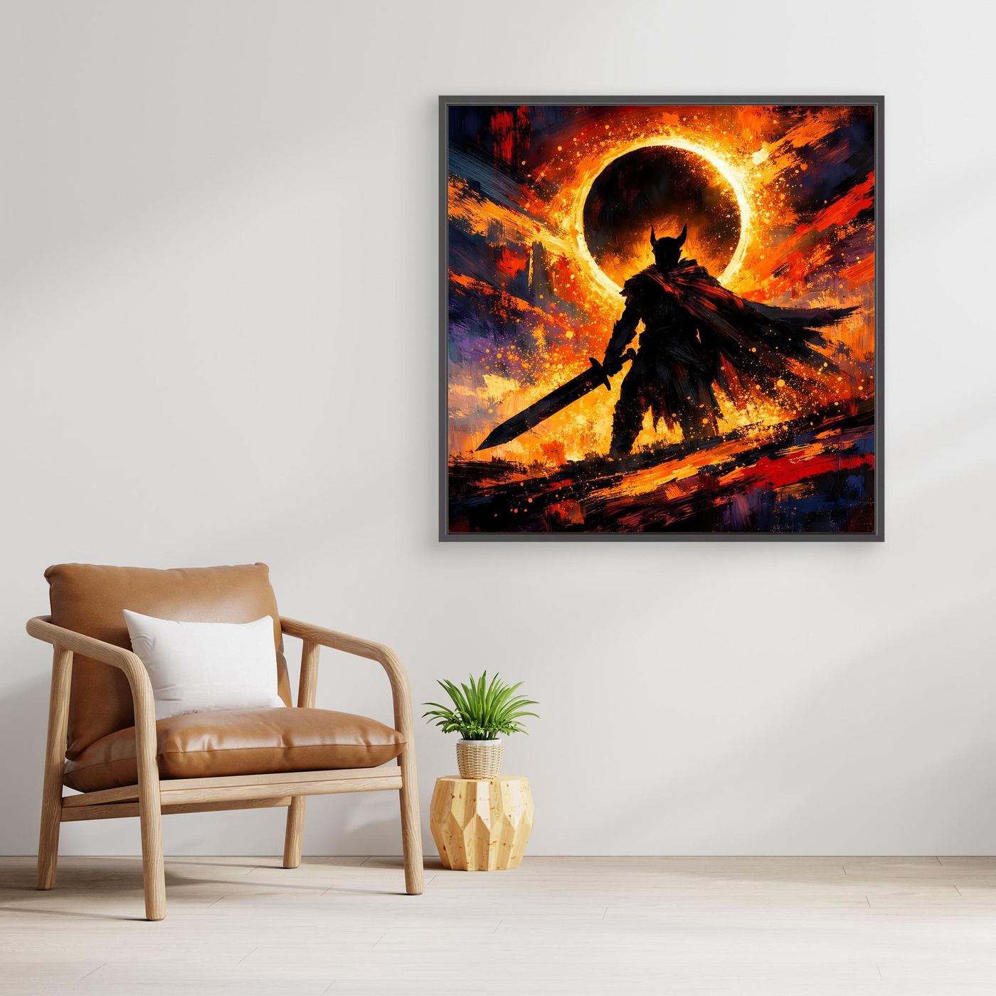 Fantasy-Leinwandbild mit dunkler Ritterfigur, orangefarbener Sonnenfinsternis, brauner Rahmen