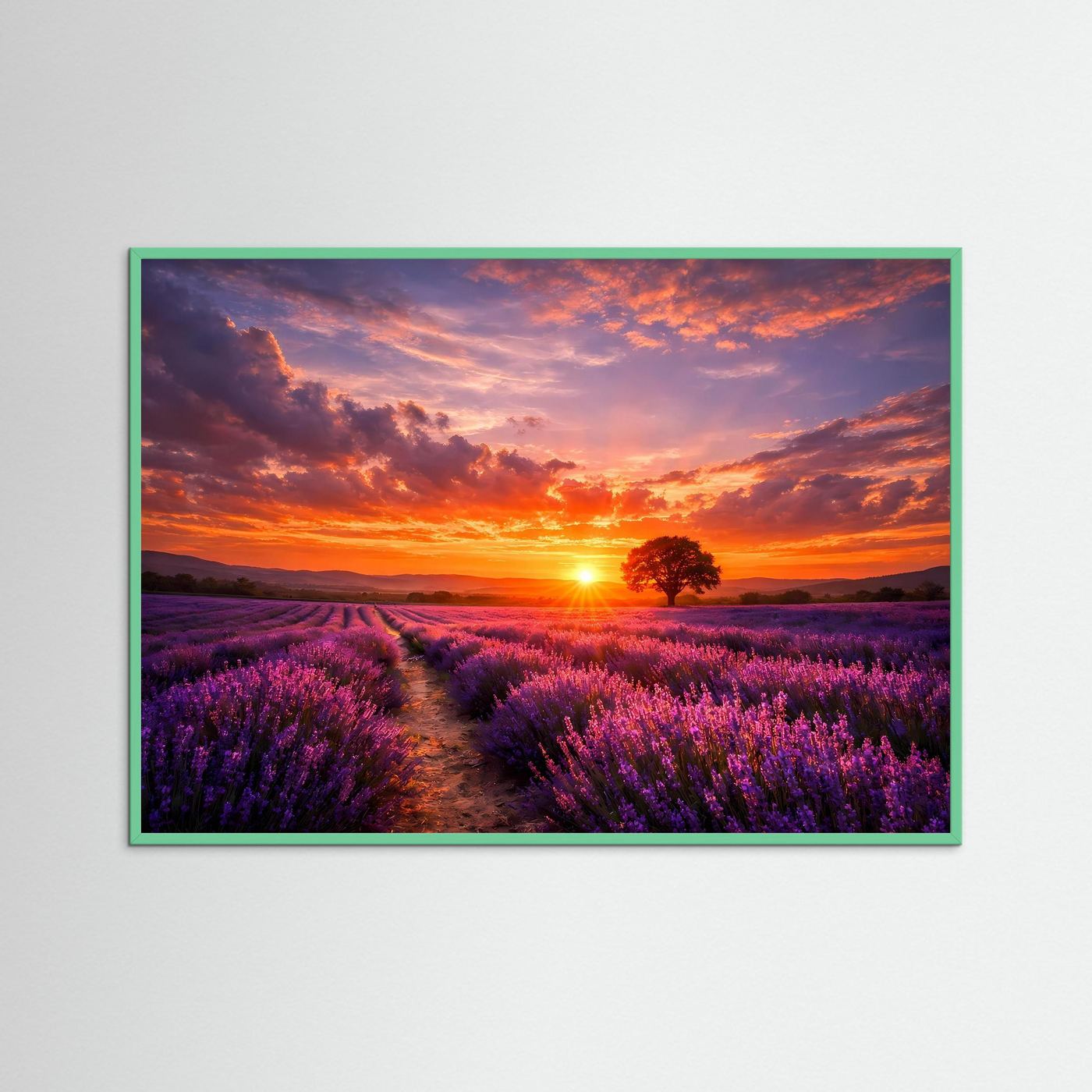 Wandbild mit Lavendelfeld bei Sonnenuntergang, grün gerahmt