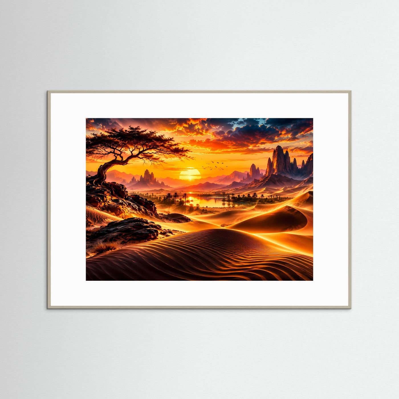 Goldene Wüste bei Sonnenuntergang | Oase & Dünen Landschaft Wandkunst