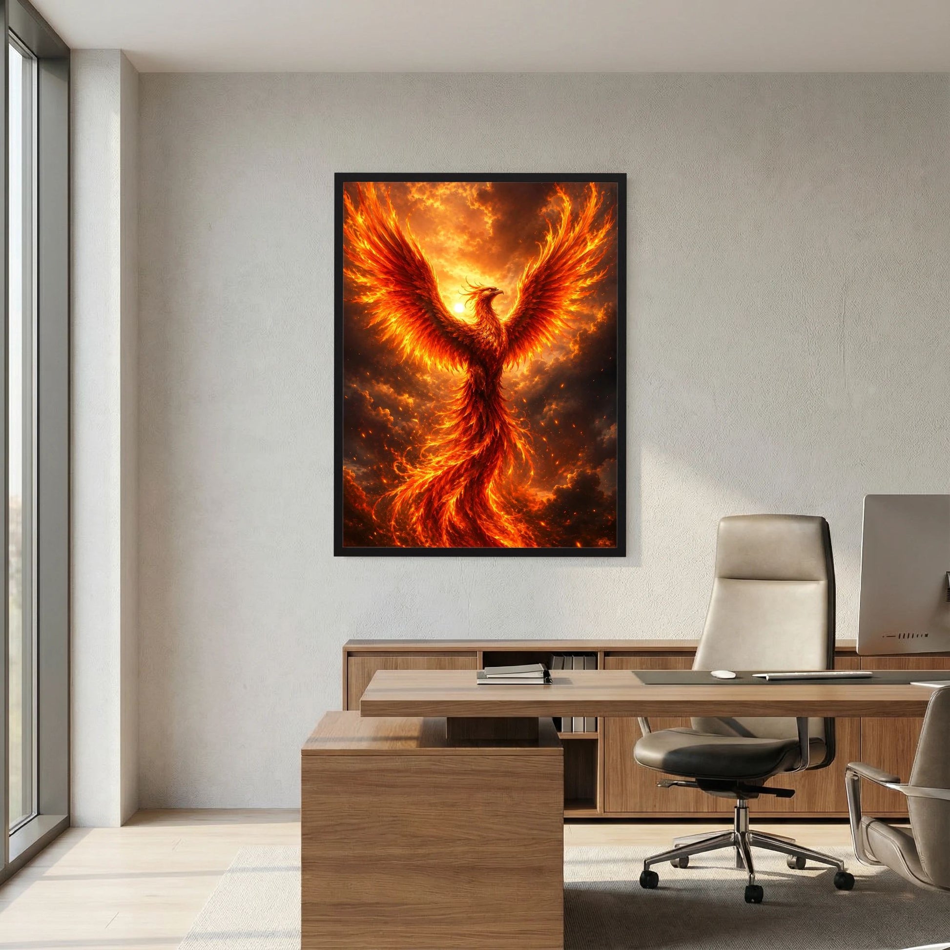 Poster mit Phönix in Flammen, goldene Glut und orangefarbene Wirbel