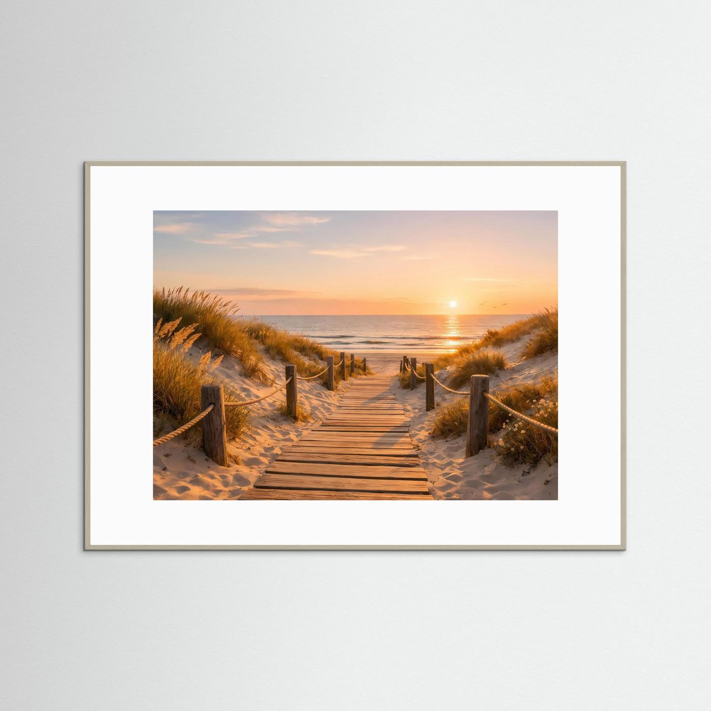 Wandposter mit Motiv: Pfad durch Dünen zum Meer bei Sonnenuntergang; goldfarbener Rahmen