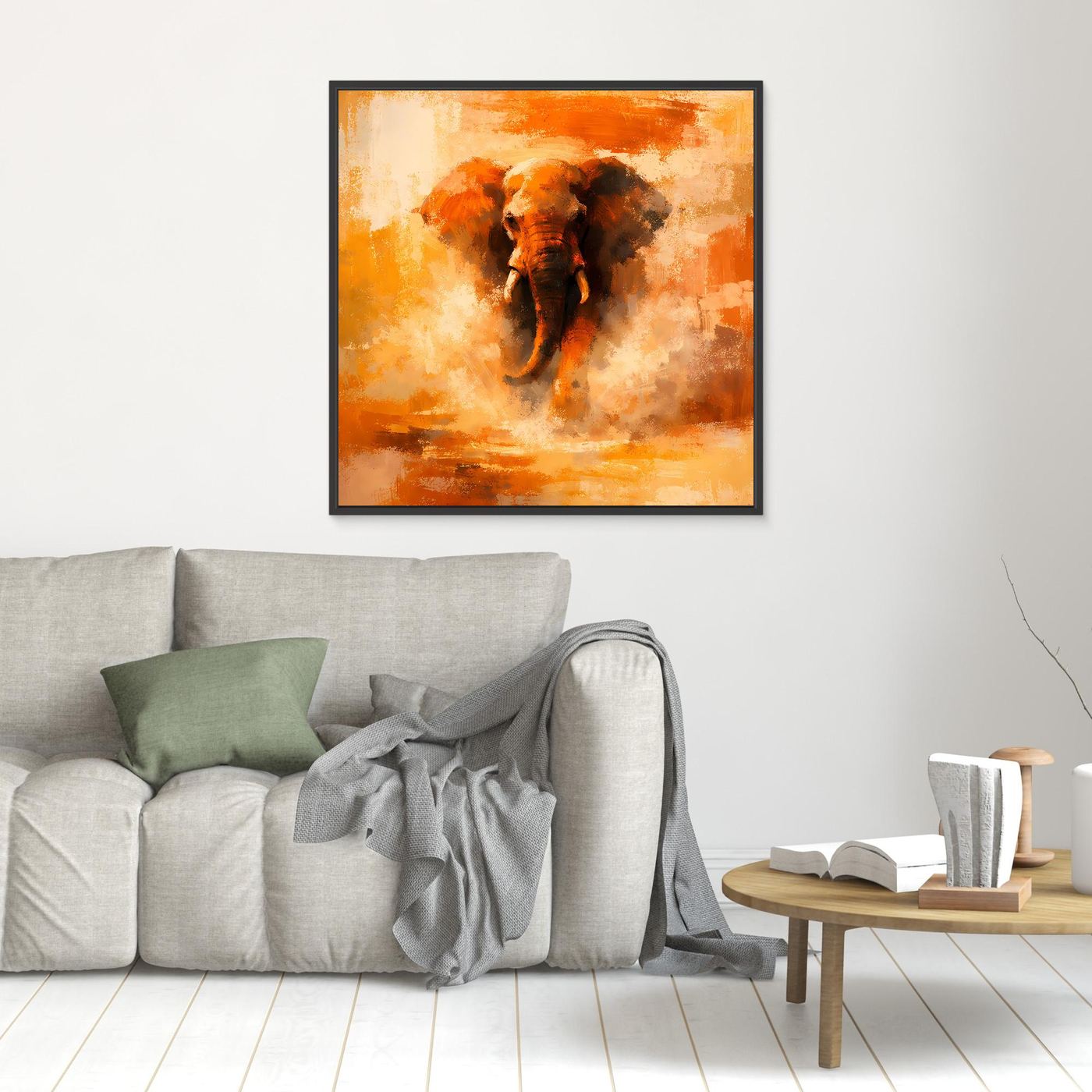 Leinwand Abstraktes Elefanten Gemälde | Modernes Kraftvolles Tier Wandbild Orange Ocker