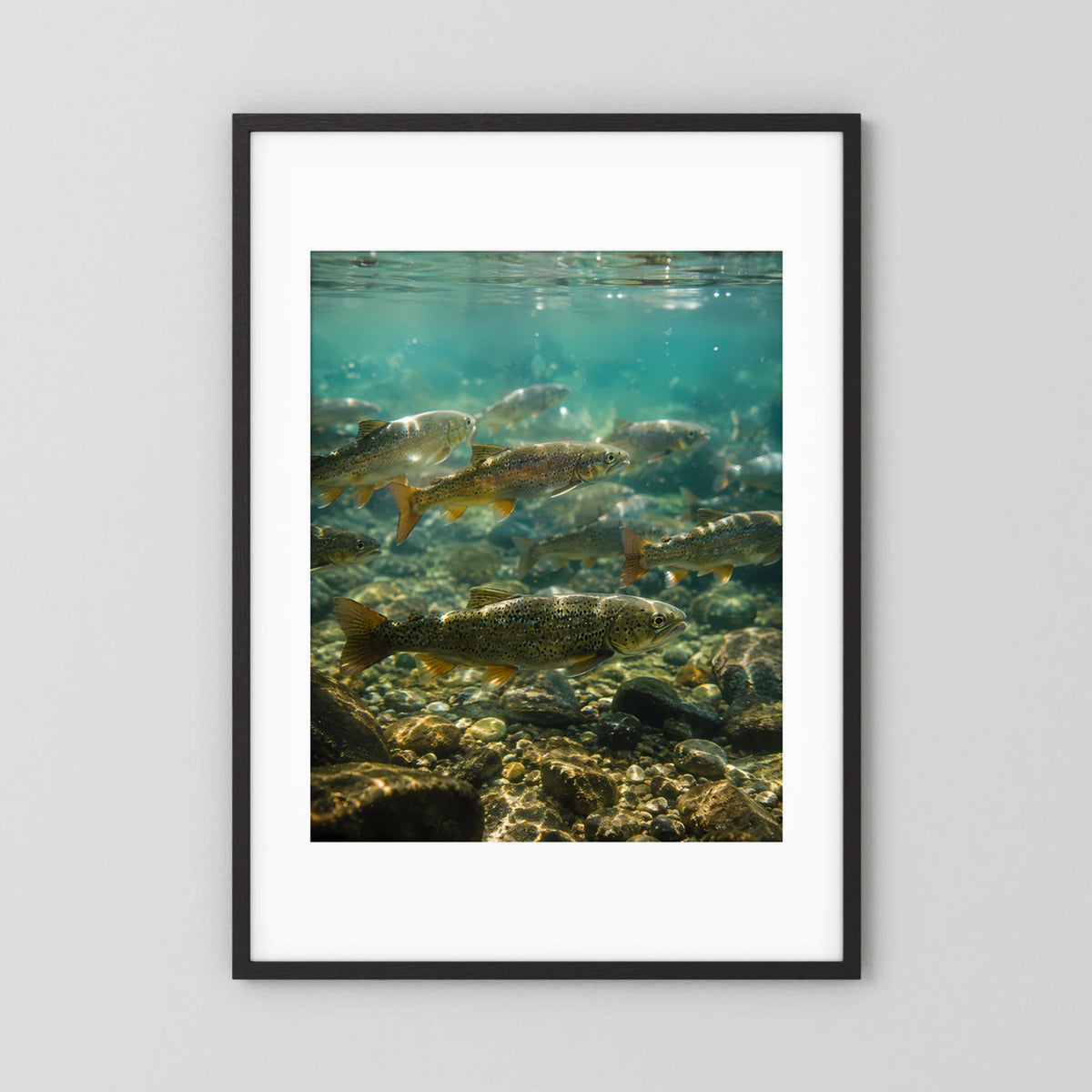 Hochformatposter im schwarzen Rahmen: Forellen schwimmen im klaren Bach mit Steinen