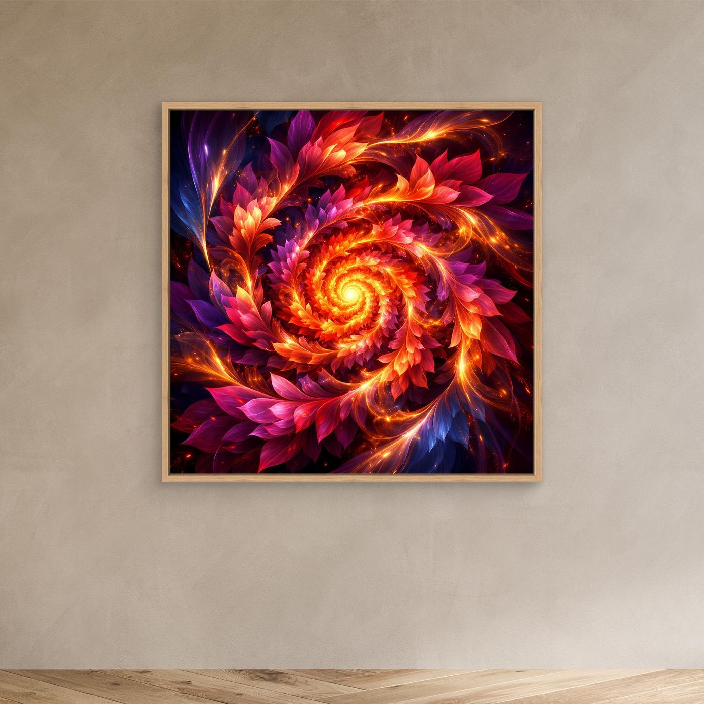 Abstraktes Leinwandbild mit feuriger Spirale und Eichenrahmen, zentraler Wirbel