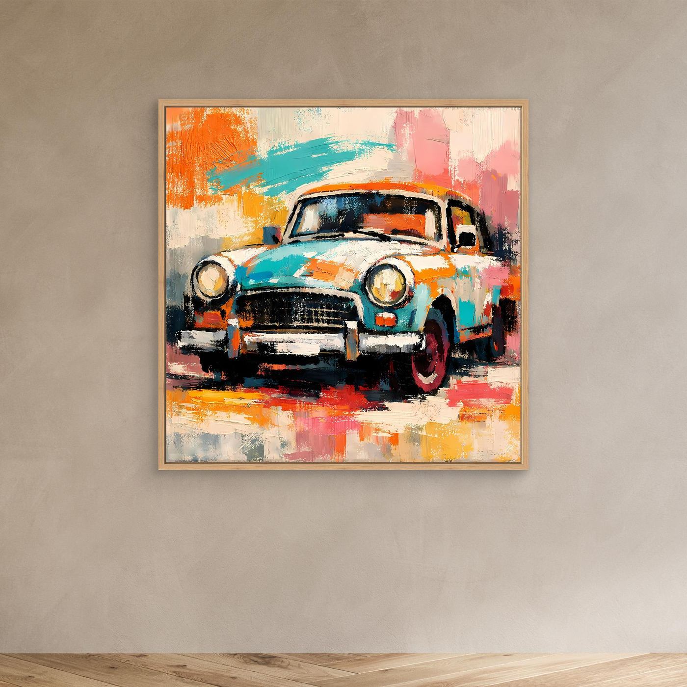 Abstract vintage car canvas wall art with light wood frame, colorful brushstrokes