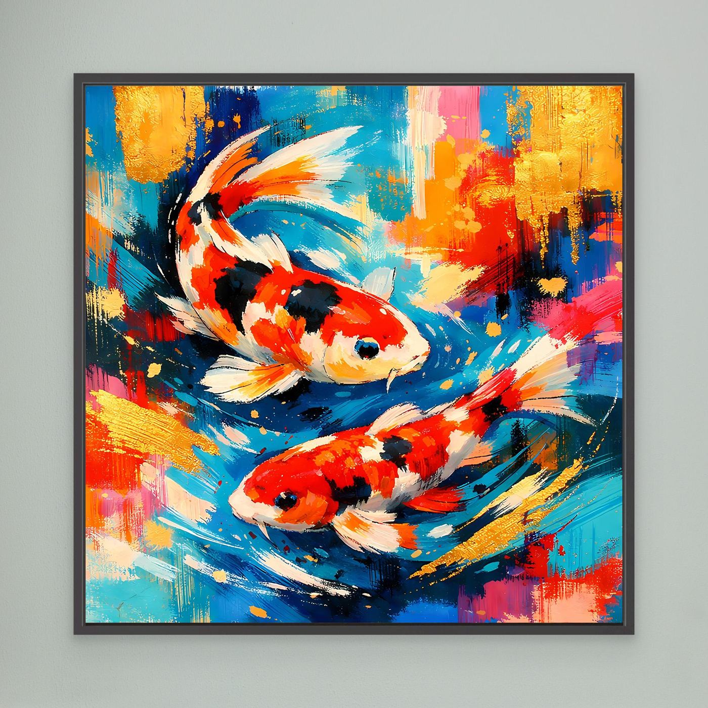 Leinwandbild mit bunten Koi-Fischen im abstrakten Pinselstil, schwarz gerahmt