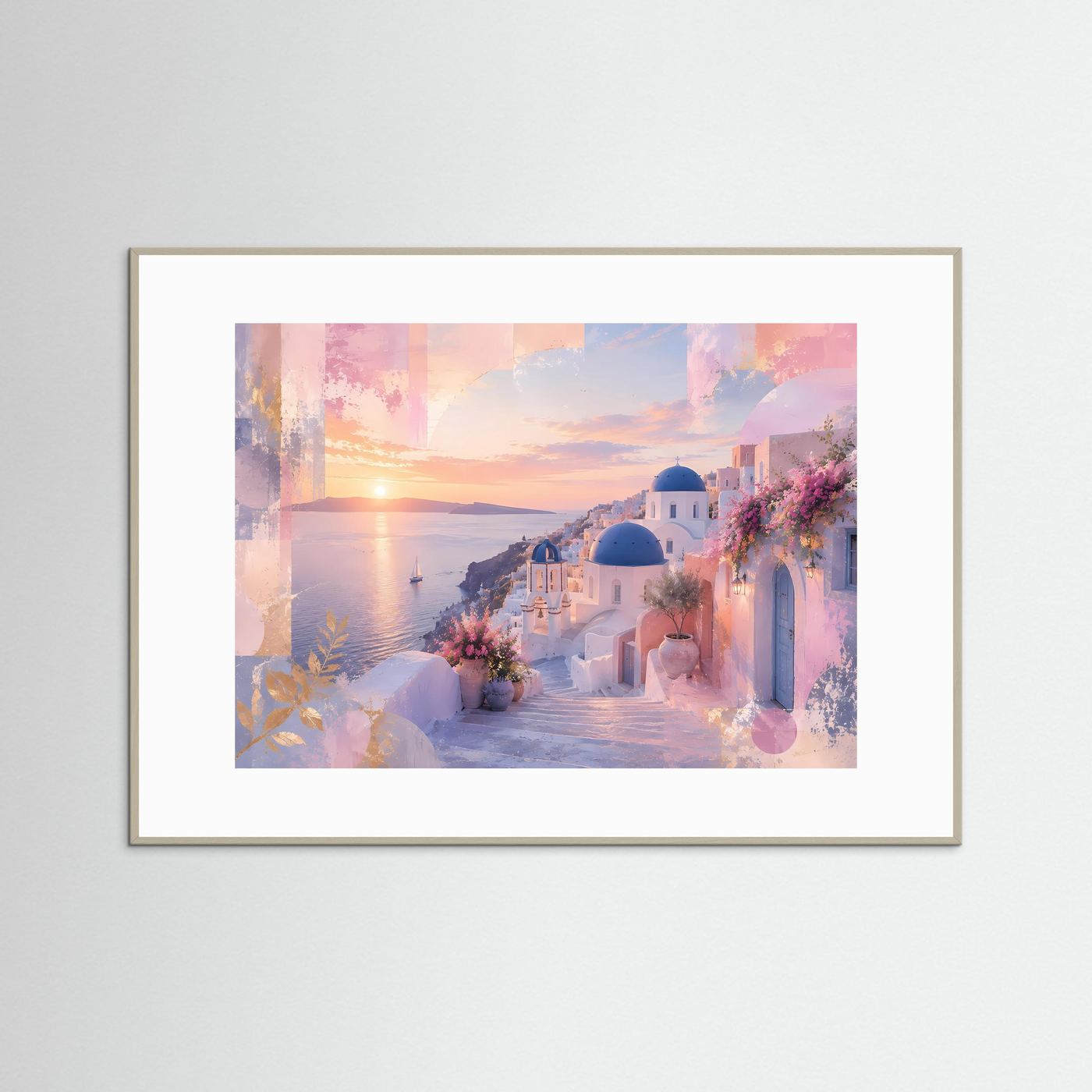 Santorini Poster | Pastell Griechenland Wandbild | Mediterrane Küstenlandschaft | Abstrakte Architektur Kunst | Sonnenuntergang Leinwand
